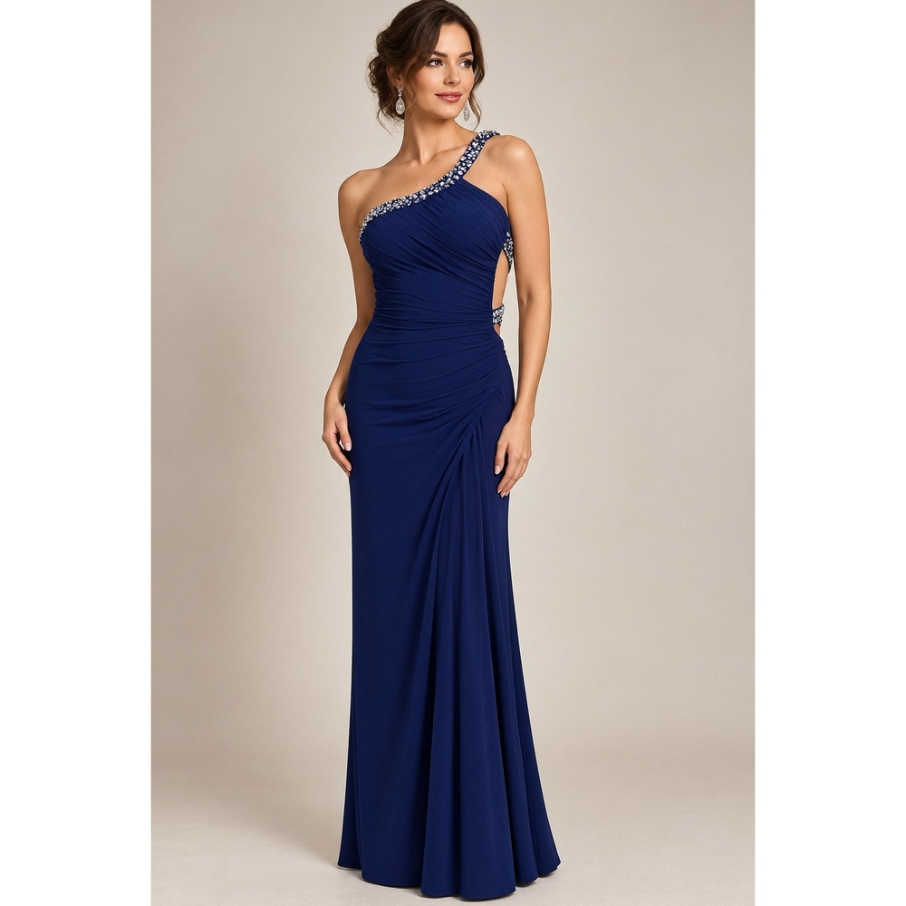 Hailey Logan Gown Women 5/6 Blue Rhinestone One Shoulder Formal Dress Pageant